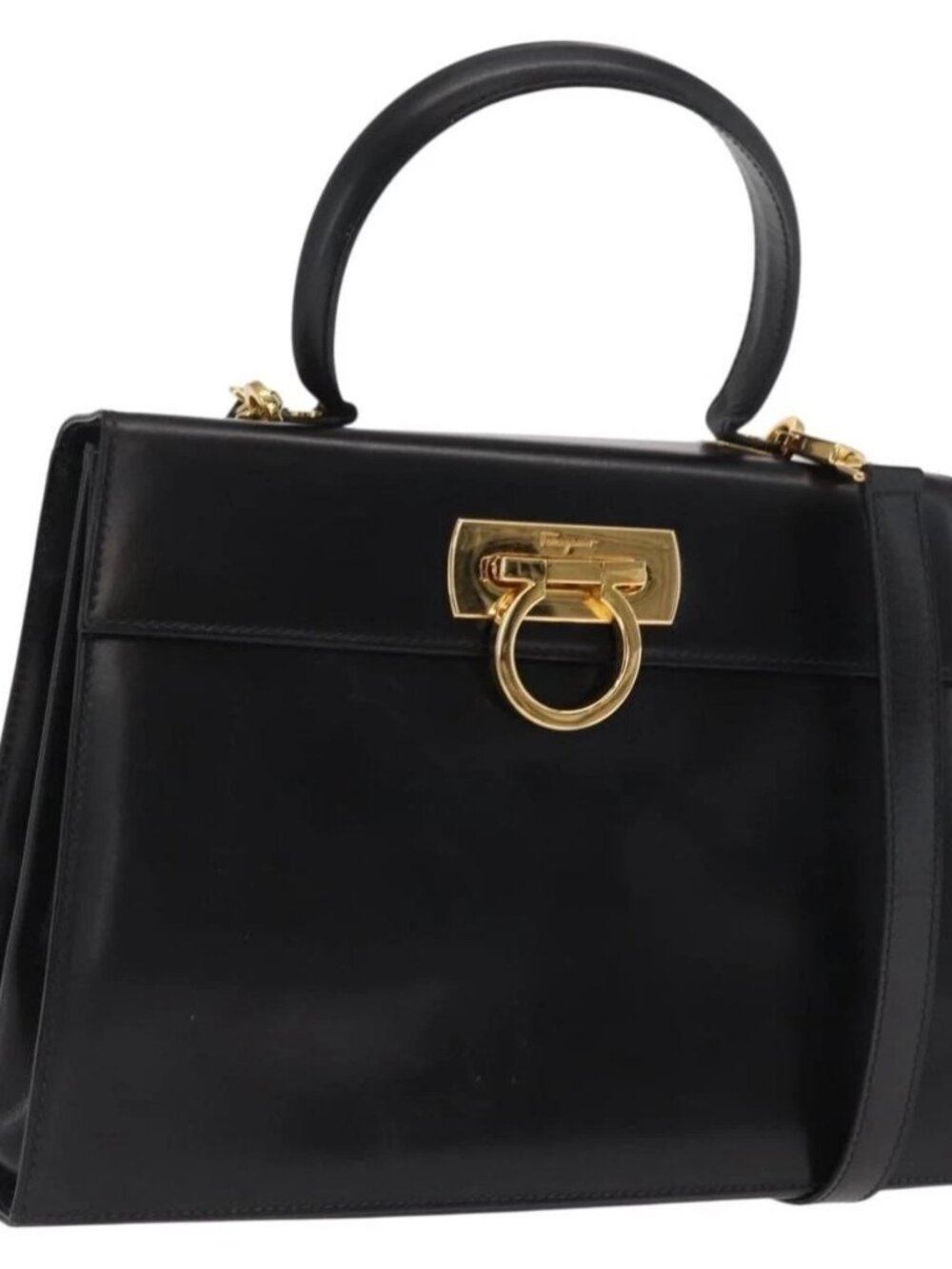 Salvatore Ferragamo Gancini Hand Bag Leather 2way Black Gold Auth hk3364